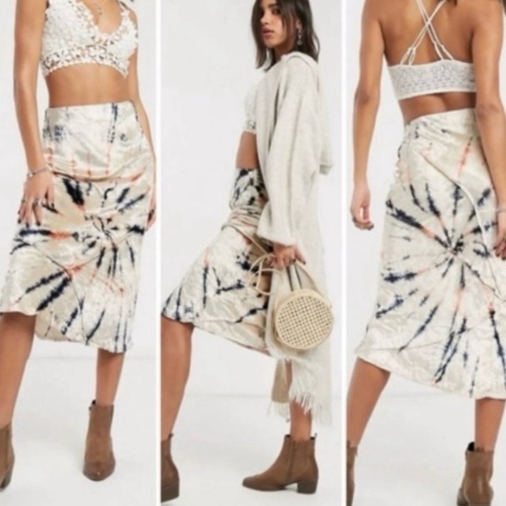 Free People Serious Swagger Velvet Pull-On Midi Skirt Sz M Tie Dye Boho Hippie